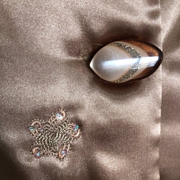 Light Copper Color Satiny Jacket with Embroidered Flowers and faux fur trim - Picture 4 of 14